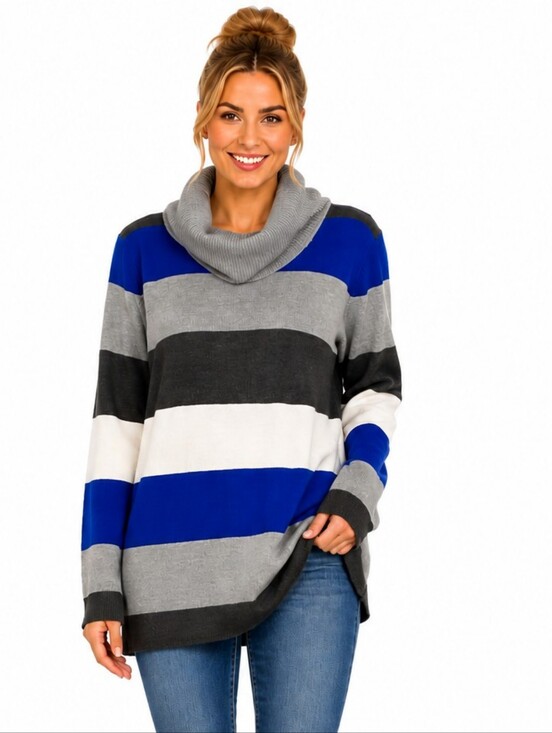 Cable & Gauge Sweaters - CABLE & GAUGE COWLNECK SWEATER Color-Block - Blue, Gray & White - SIZE Med NWT
